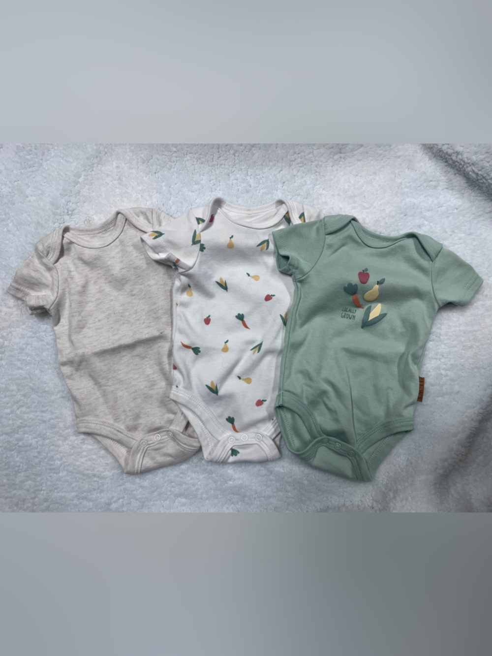 3-Pack Baby Bodysuits - Sage, Cream & Printed White “locally grown”